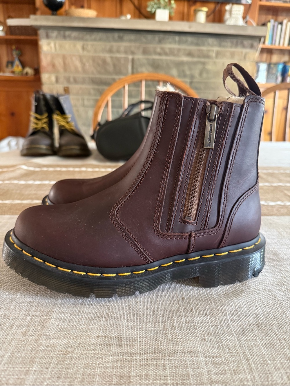 Dr. Martens Burgundy Leather Chelsea Boot with Yellow Stitching